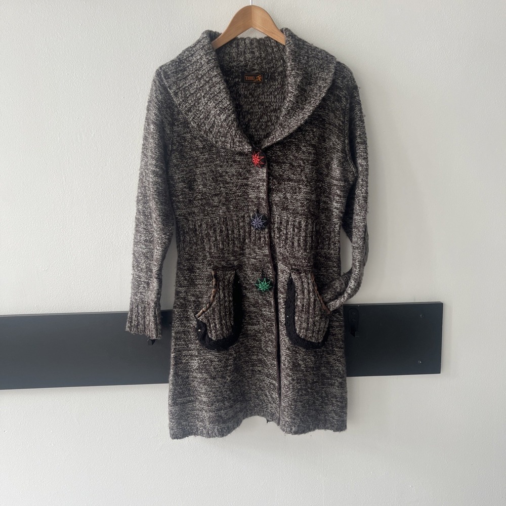 Tivoli Long‎ Wool Blend Cardigan Sweater. Large/ Leopard Trim, Big Buttons